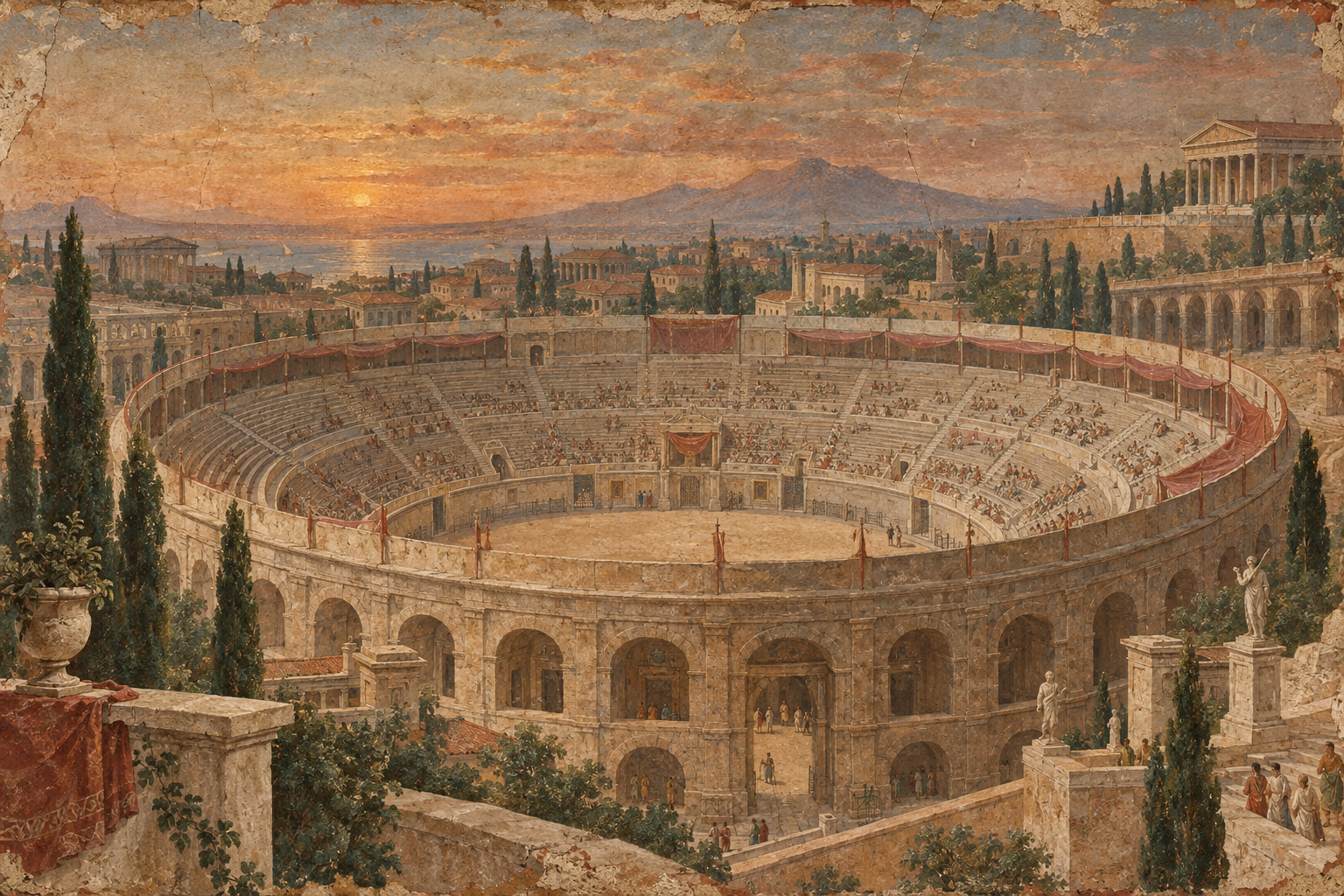 Une arène antique peinte à la manière d’une fresque romaine